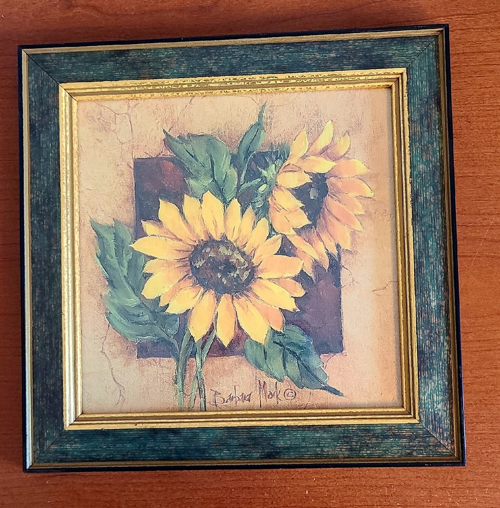 Vintage Garden Art Print Sunflowers Wood frame Barbara Mock 11.5
