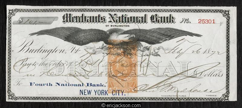 Merchants National Bank Burlington VT RN-E4 Vintage Bank Check-image