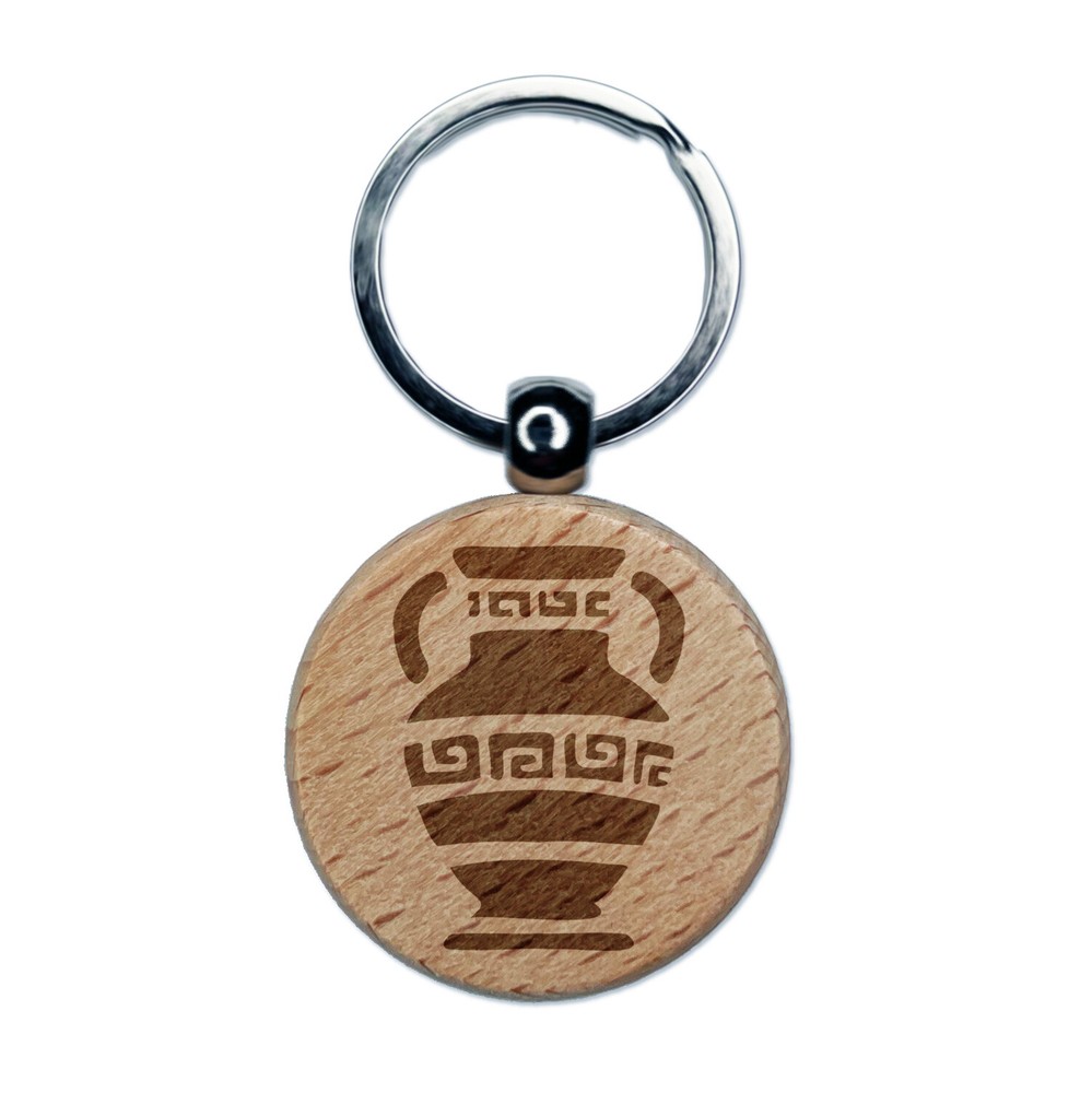Ancient Greek Pottery Vase Engraved Wood Round Keychain Tag Charm