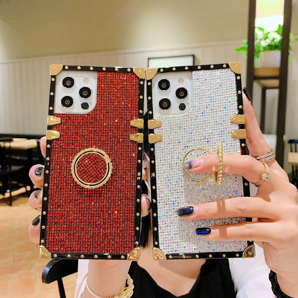 For iPhone 16 Pro Max 15 14 13 12 11 Bling Glitter Diamond Ring Stand Case Cover