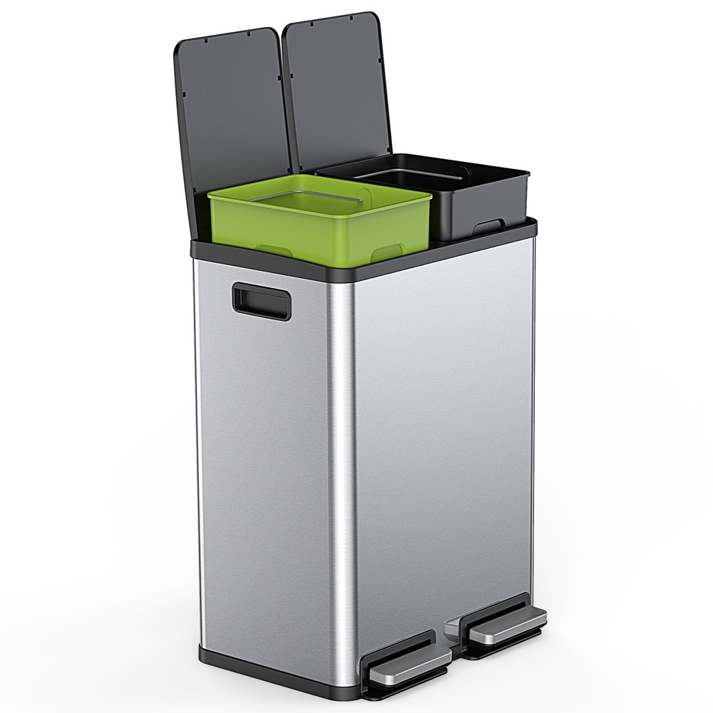 Trash Can 60L Stainless Steel Waste Bin with Lid Foot Pedal 2 Compartment Home