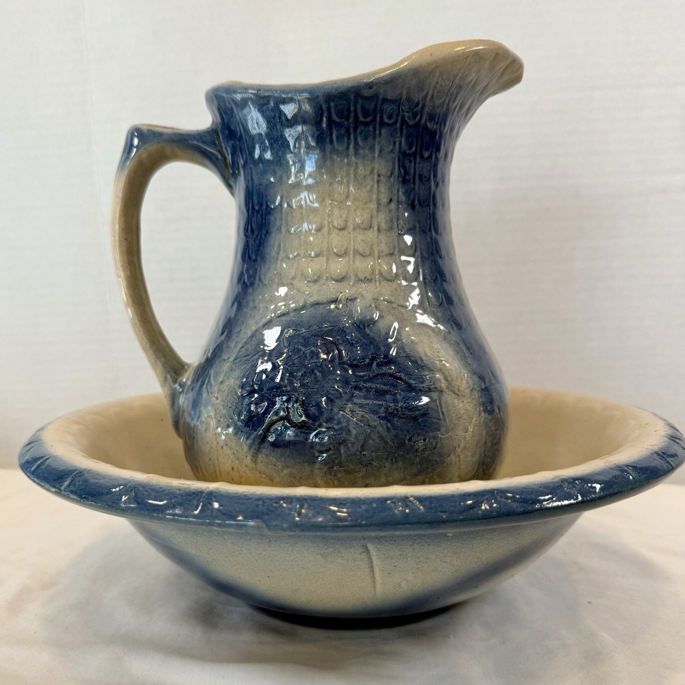 Blue & White Stoneware Wild Rose Pitcher & Bowl Basin Wash Bath Set **chip -Pics