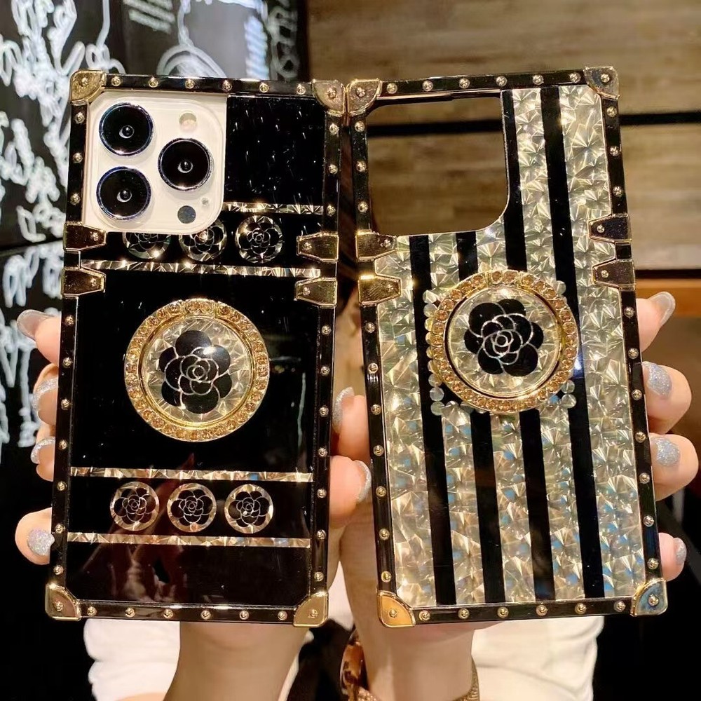 Glitter Bling Gold Flower Case with Ring for iPhone 16 Pro Max 15 14 13 12 11 XR XS