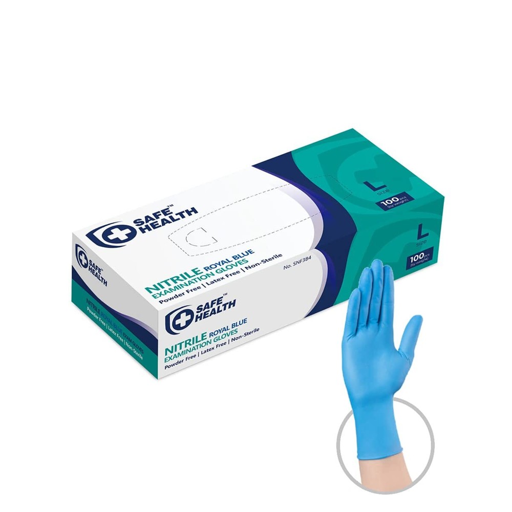 Nitrile Exam Disposable Gloves, Latex Free, Free, Blue, Box of 100, Large, Te...