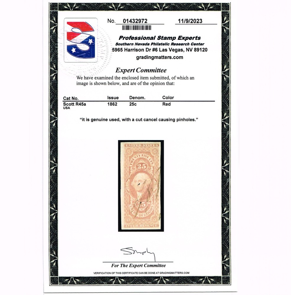 EXCELLENT GENUINE SCOTT #R45a 1862 FIRST ISSUE REVENUE ON OLD PAPER PSE CERT