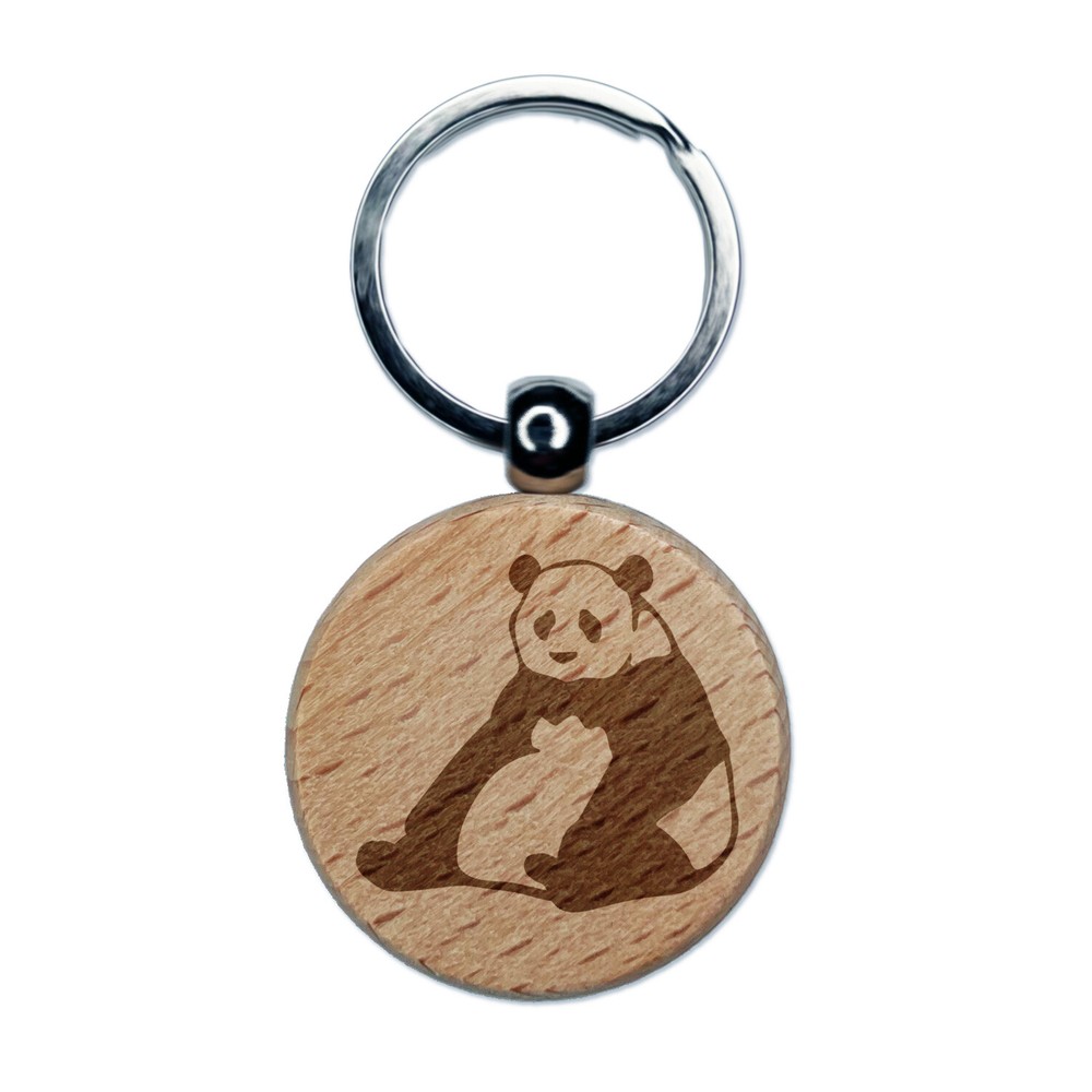 Giant Panda Bear Engraved Wooden Round Keychain Charm  