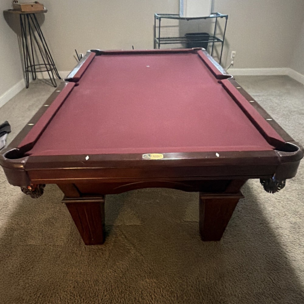 Legacy Billiards Pool Table with Burgundy Felt Includes Matching Cue Rack 8’