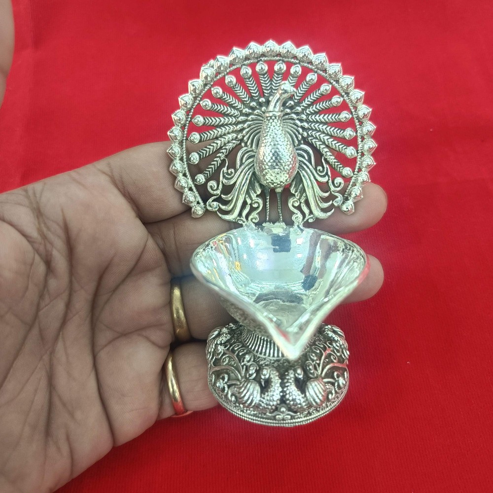 999 Sterling Silver Sparkling Peacock Design Diya for Home, Office & Gifting