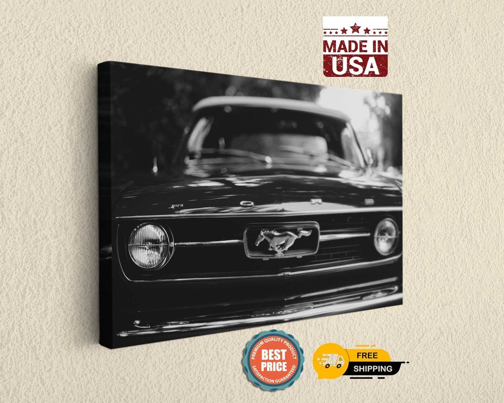 Classic Car Canvas Art Print - Black Mustang Ford Retro Design - Home Decor