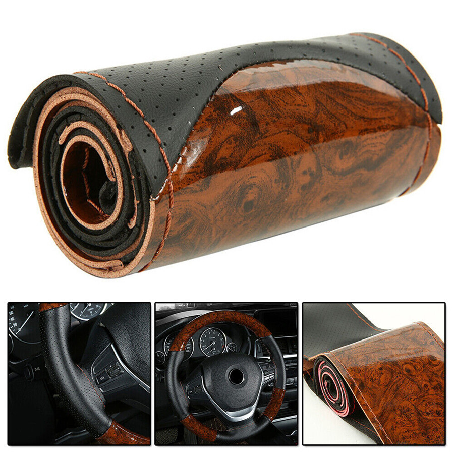 1pcs Wood Grain Car Steering Wheel Cover Leather Breathable Non-Slip Accessories