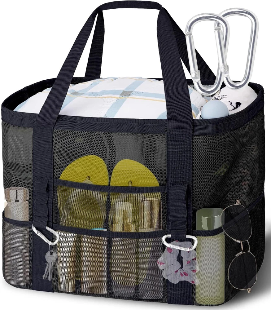 XX-Large Mesh Beach Bag Tote with 9 Pockets for Vacation/Travel & Black