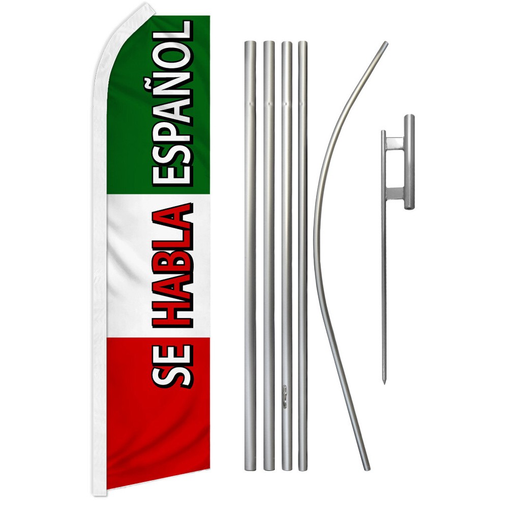 Se Habla Español Advertising Swooper Feather Flutter Flag & Pole Kit - Vibrant Spanish-Language Marketing Tool for Businesses, Events, and Promotions - Eye-Catching Design to Attract Spanish-Speaking Customers - Includes Durable Flag and Pole for Easy Setup - Perfect for Retail, Restaurants, and More!