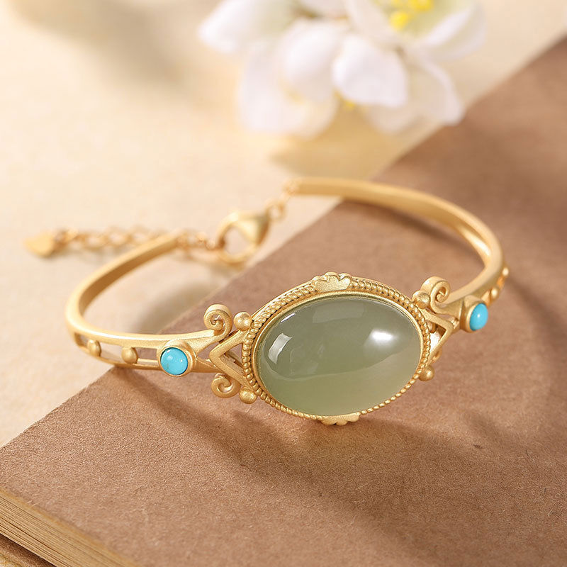Natural Green Jade & Chalcedony Silver Carved Bracelet Bangle Jewelry-image