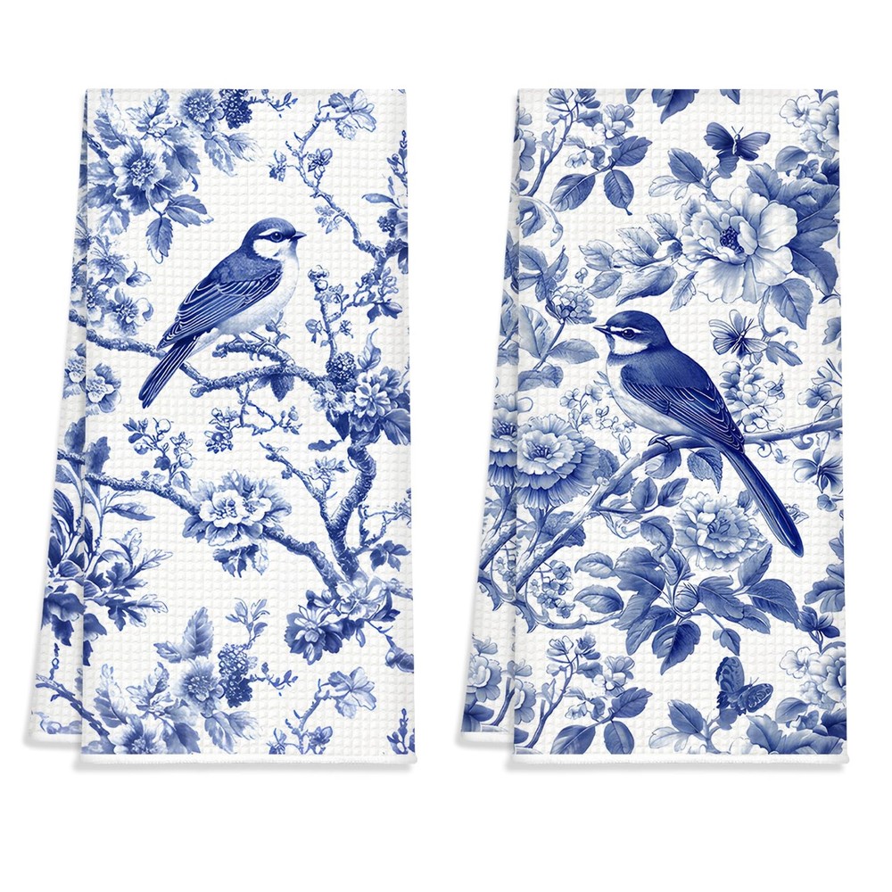 Blue and White Porcelain Waffle Kitchen Towels Set of 2,Vintage Birds Floral ...
