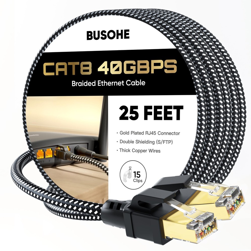 Cat 8 Ethernet Cable 25 FT, High Speed 40Gbps 2000Mhz Braided Network Interne...