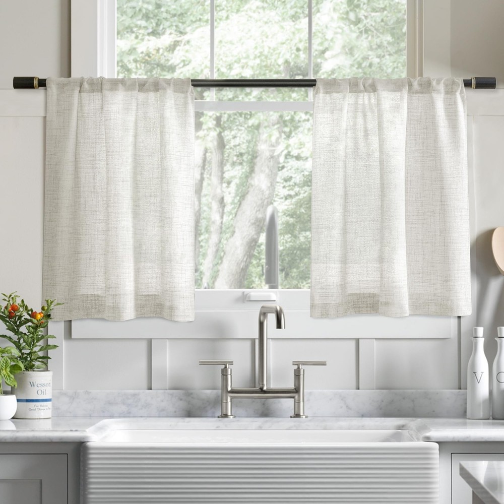 Cream Linen Kitchen Cafe Curtains 24 Inch Length Farmhouse Boho Semi Sheer Ro...