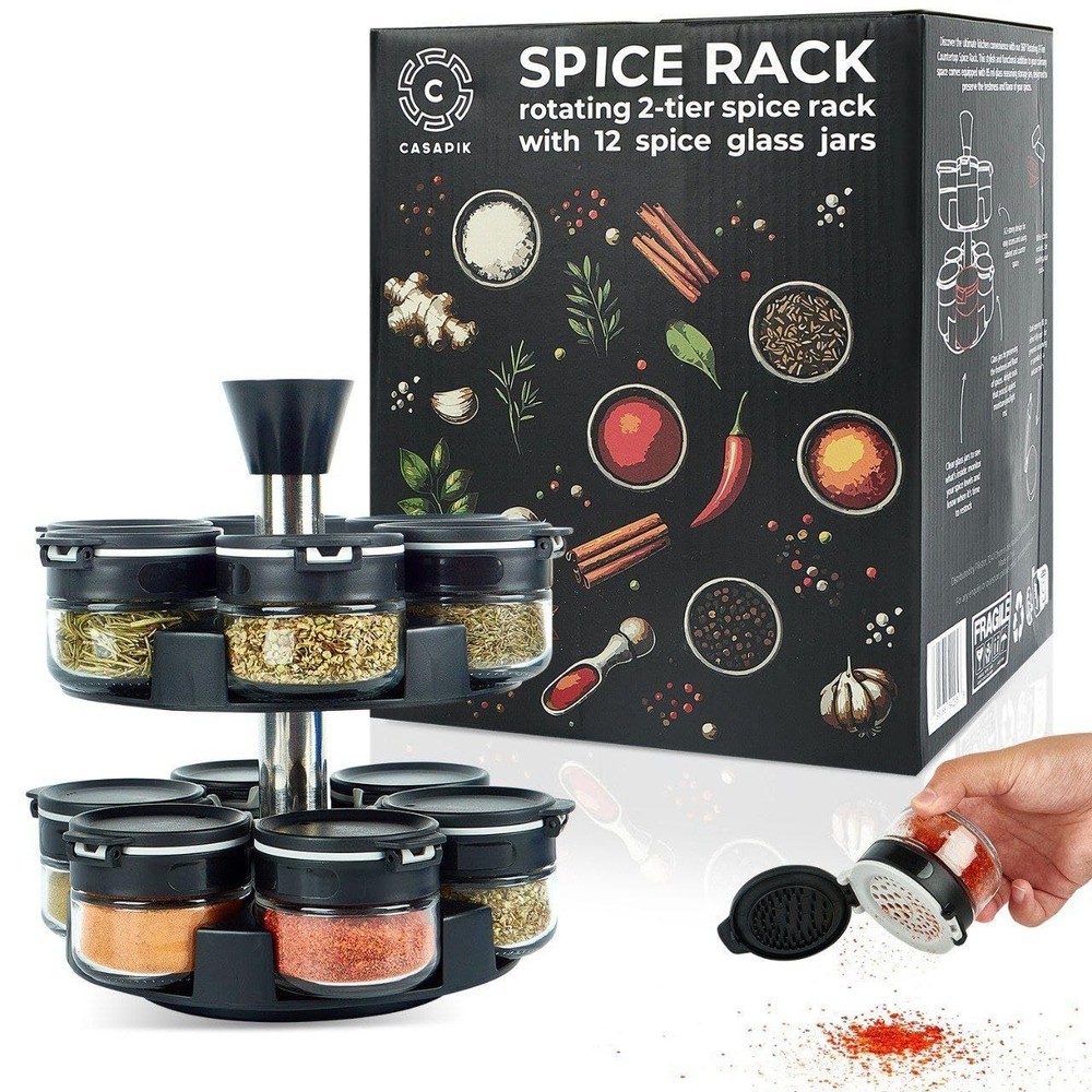 2-Tier Rotating Spice Rack Organizer with 12 Glass Jars for Kitchen Storage