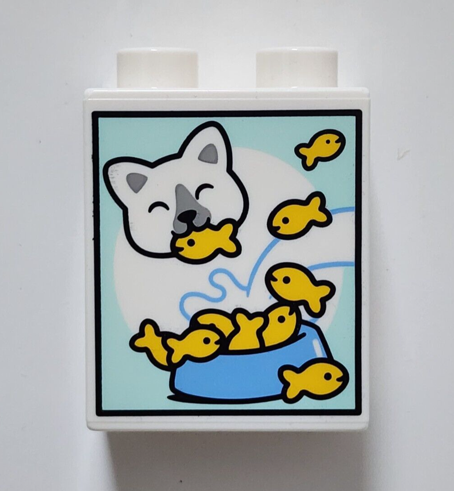LEGO White Duplo Brick 1x2x2 with Cat Eating Fish Kibble and Milk