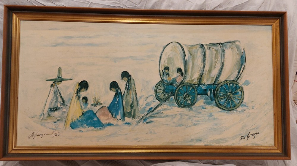 Large DeGrazia Navajo Campfire Canvas Print 1978 Double Signed Rare Find