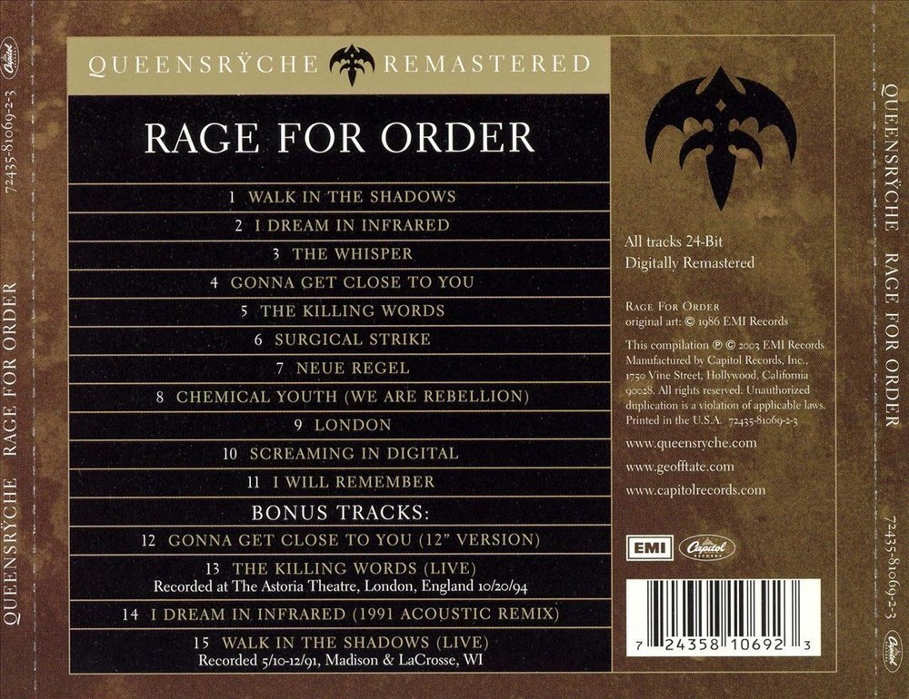 QUEENSRŸCHE RAGE FOR ORDER [BONUS TRACKS] NEW CD