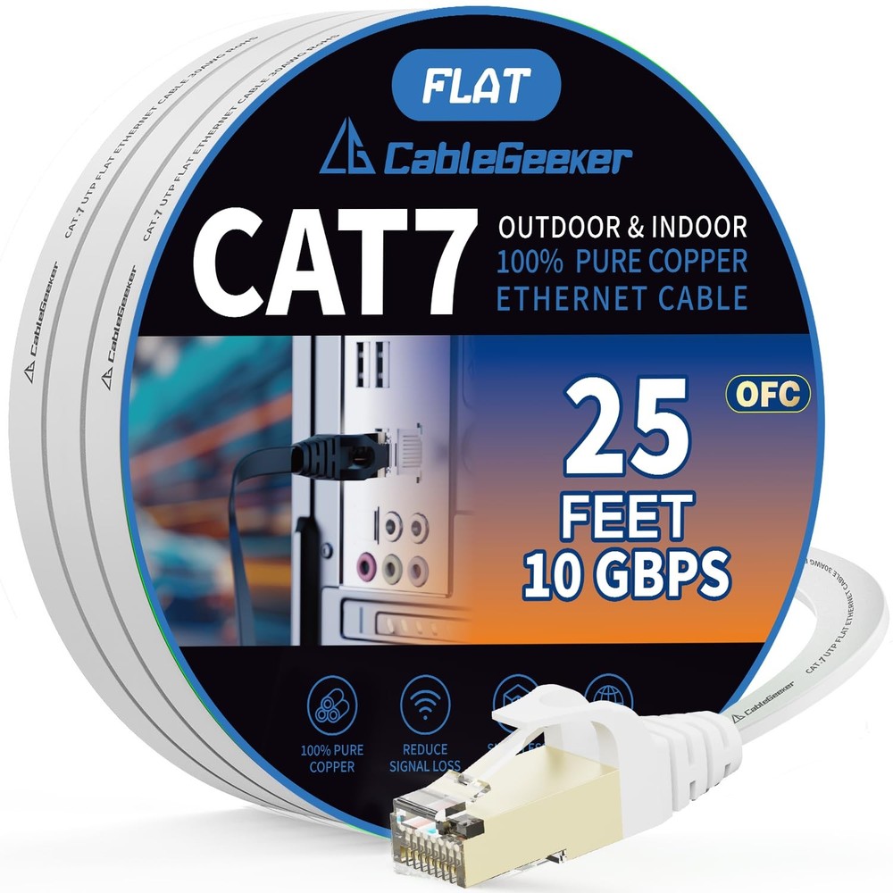 25ft White Cat7 Shielded Flat Ethernet Cable for High-Speed Internet