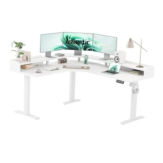 L Shaped Standing Desk, Adjustable Height Corner 63 * 55 with shelf White