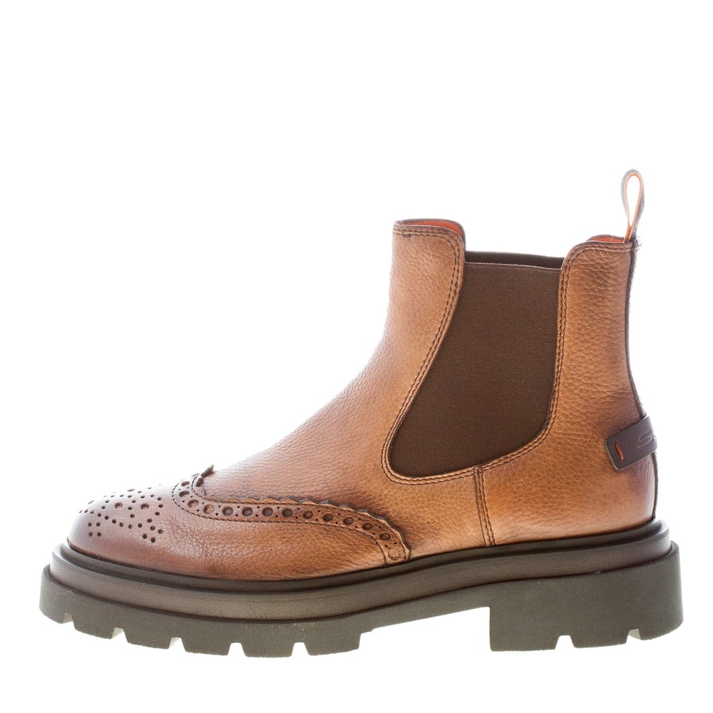 SANTONI men shoes Shaded natural brown fine pebbled leather chelsea boot brogues