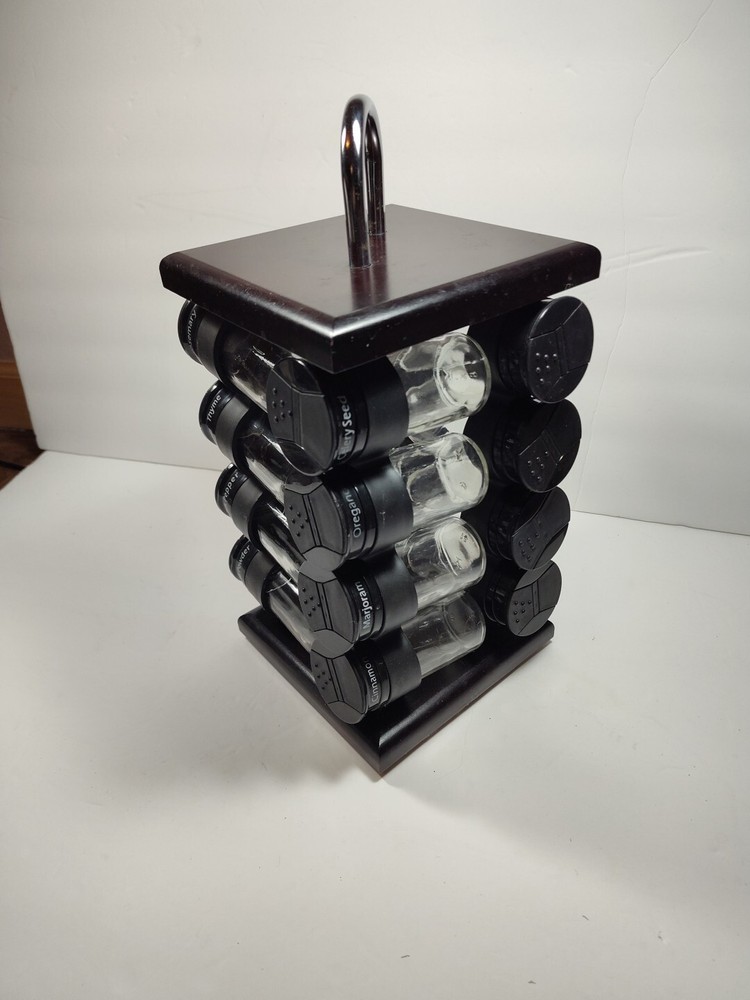Black Rotating Spice Rack Organizer with 16 Glass Jars & Stainless Steel Base