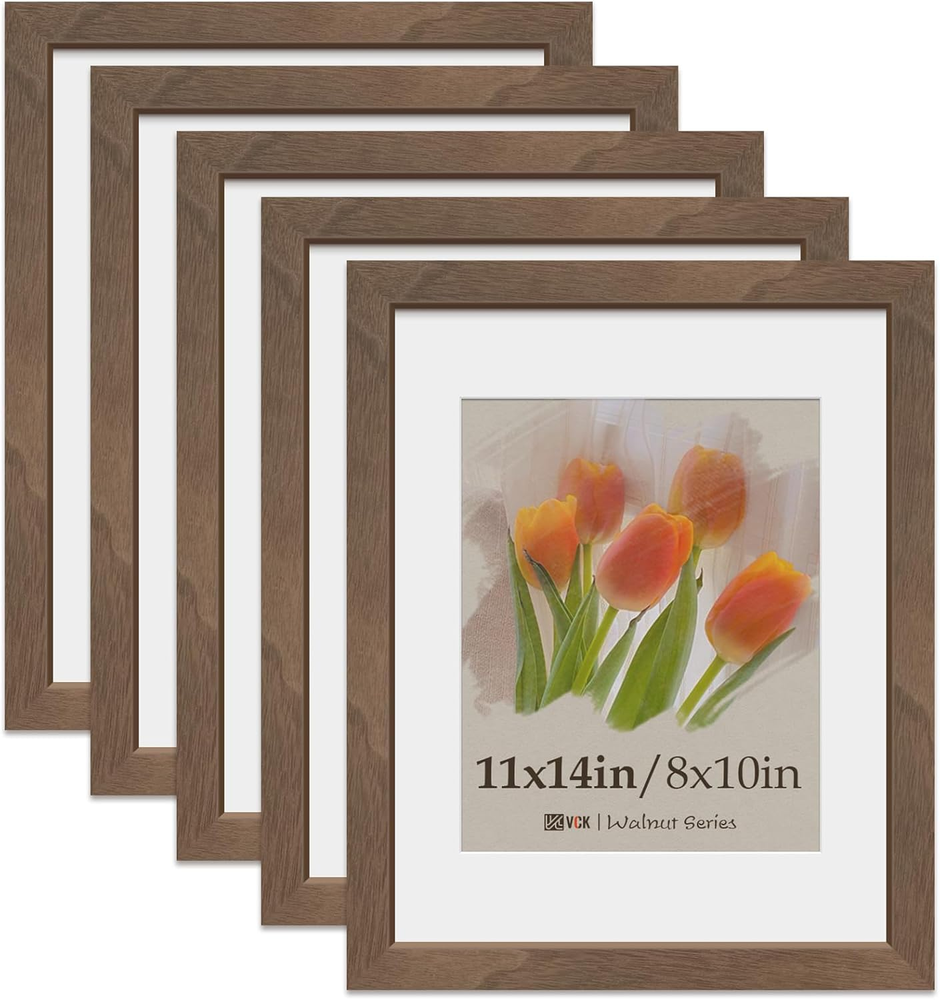 11X14 Picture Frame 5 Pack, Natural Wood Grain Brown Walnut & HD Glass, Display