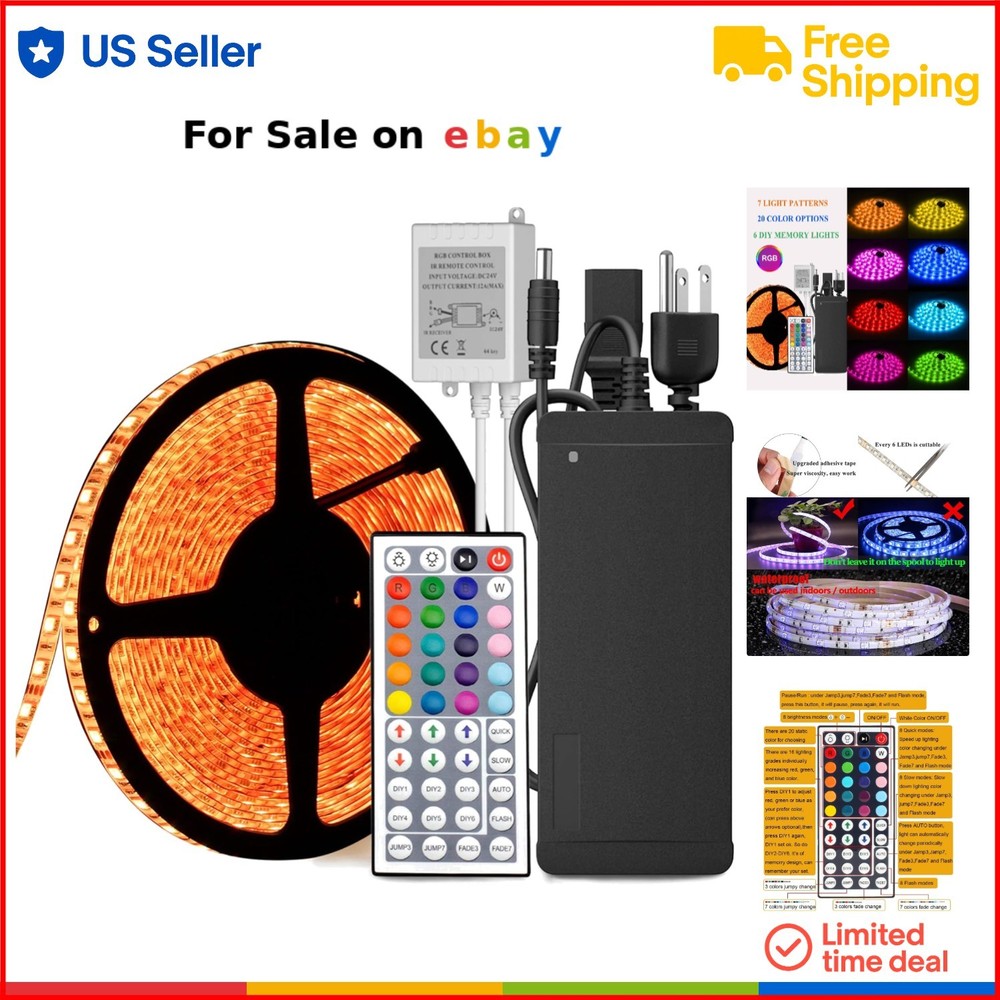 32.8ft Waterproof RGB LED Strip Lights with 600 LEDs and Remote for Color Changing Effects