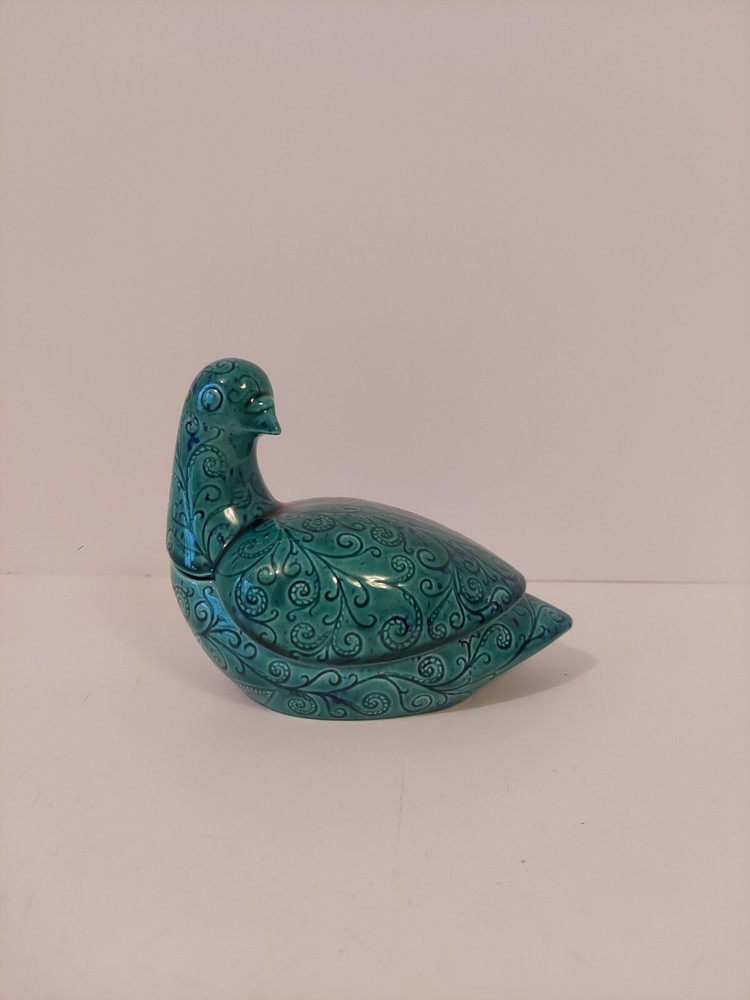 Handmade Green Scrolls Pottery Bird Trinket Box Signed by Artist  -image