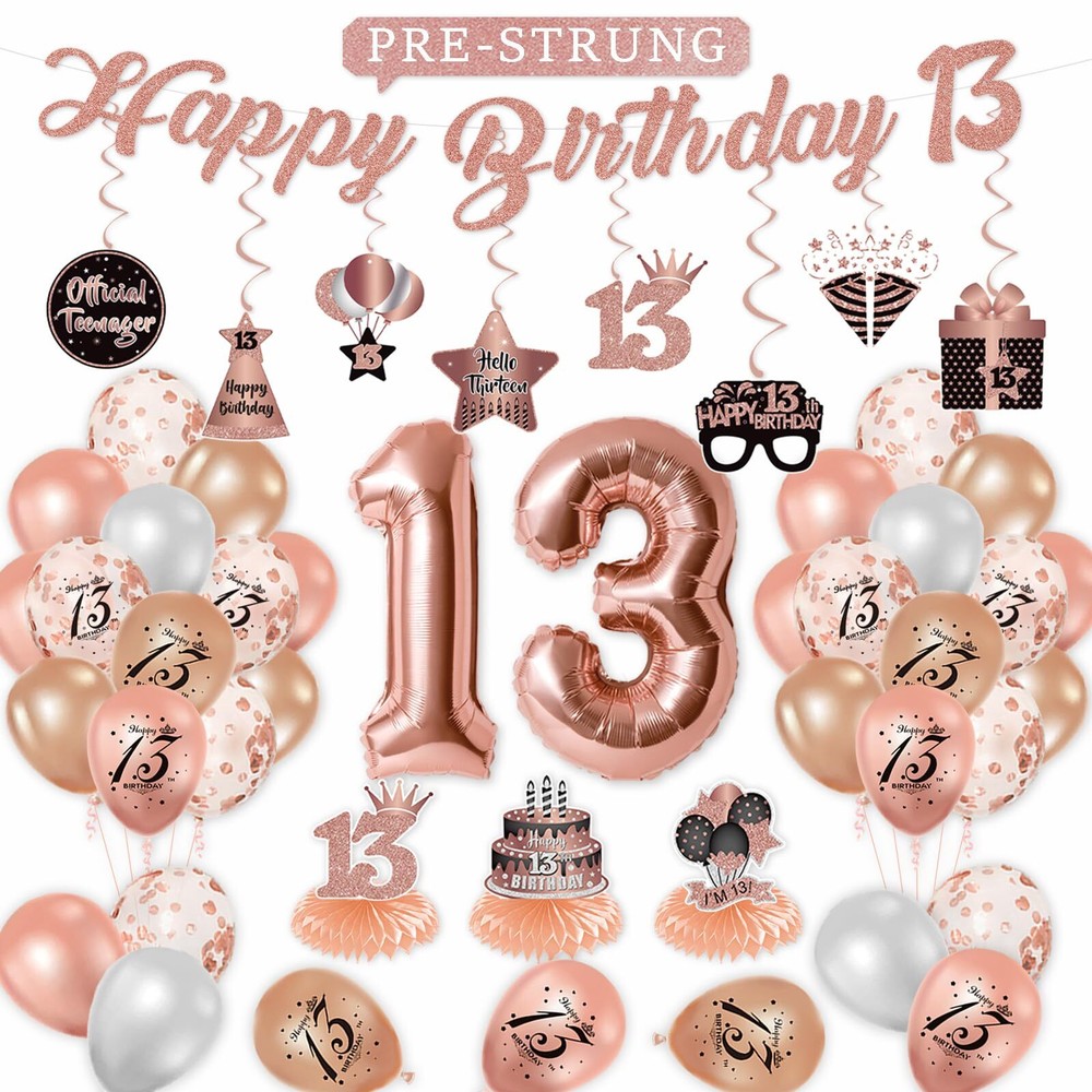 Rose Gold 13th Birthday Decorations Kit for Girls - 62Pcs Balloons & Party Supplies