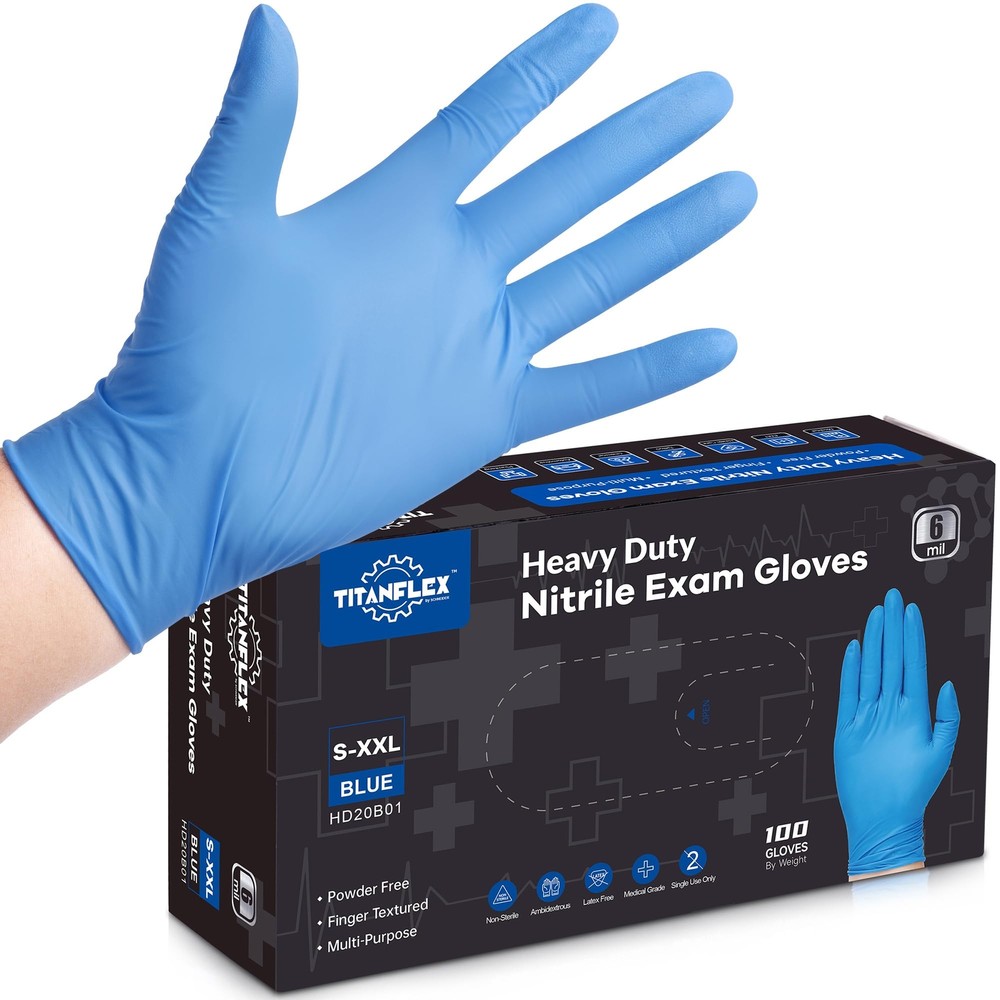 Nitrile Exam Gloves, Blue, 6-mil, Medium, Box of 100, Heavy Duty Nitrile Glov...