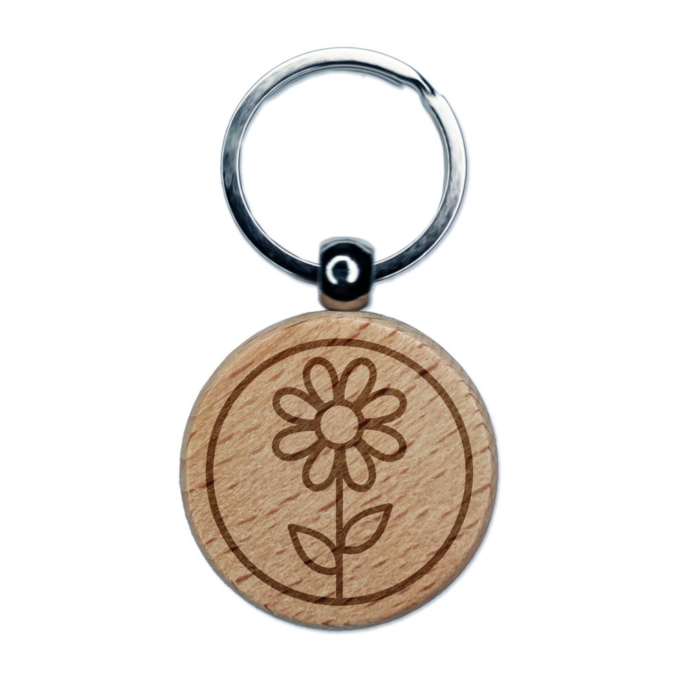 Daisy Flower Engraved Wooden Circle Keychain Charm Tag