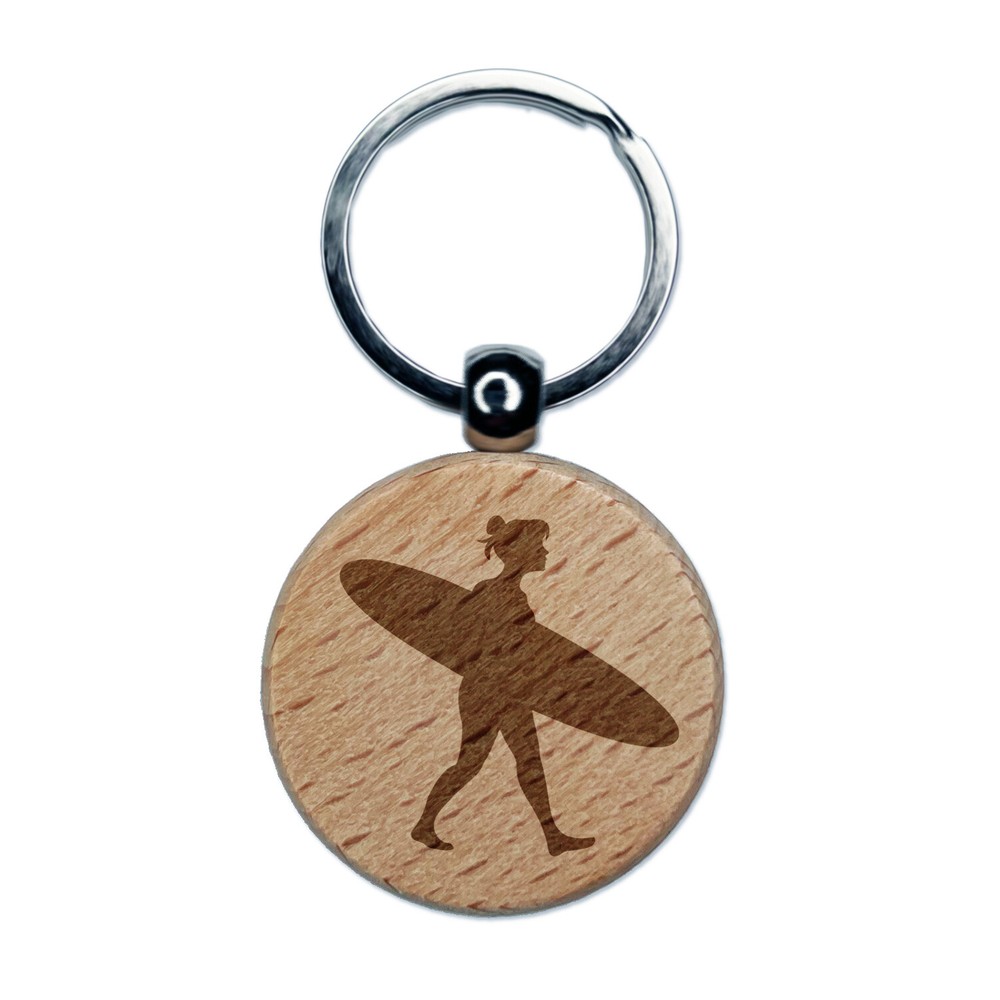 Surfing Woman with Board Engraved Wooden Keychain Charm