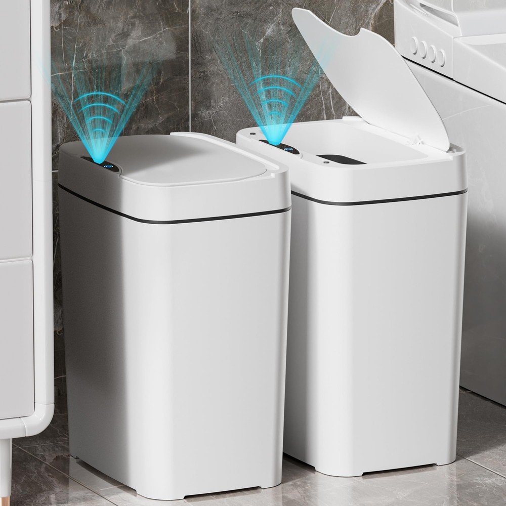 2 Pack 2.7 Gal Bathroom Trash Can with Lid, Automatic Trash Can Small Smart G...