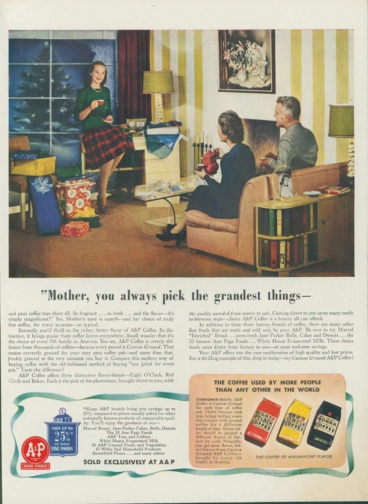 1941 A&P Coffee Christmas Tree Presents Living Room Plaid Skirt Vtg Print Ad L9