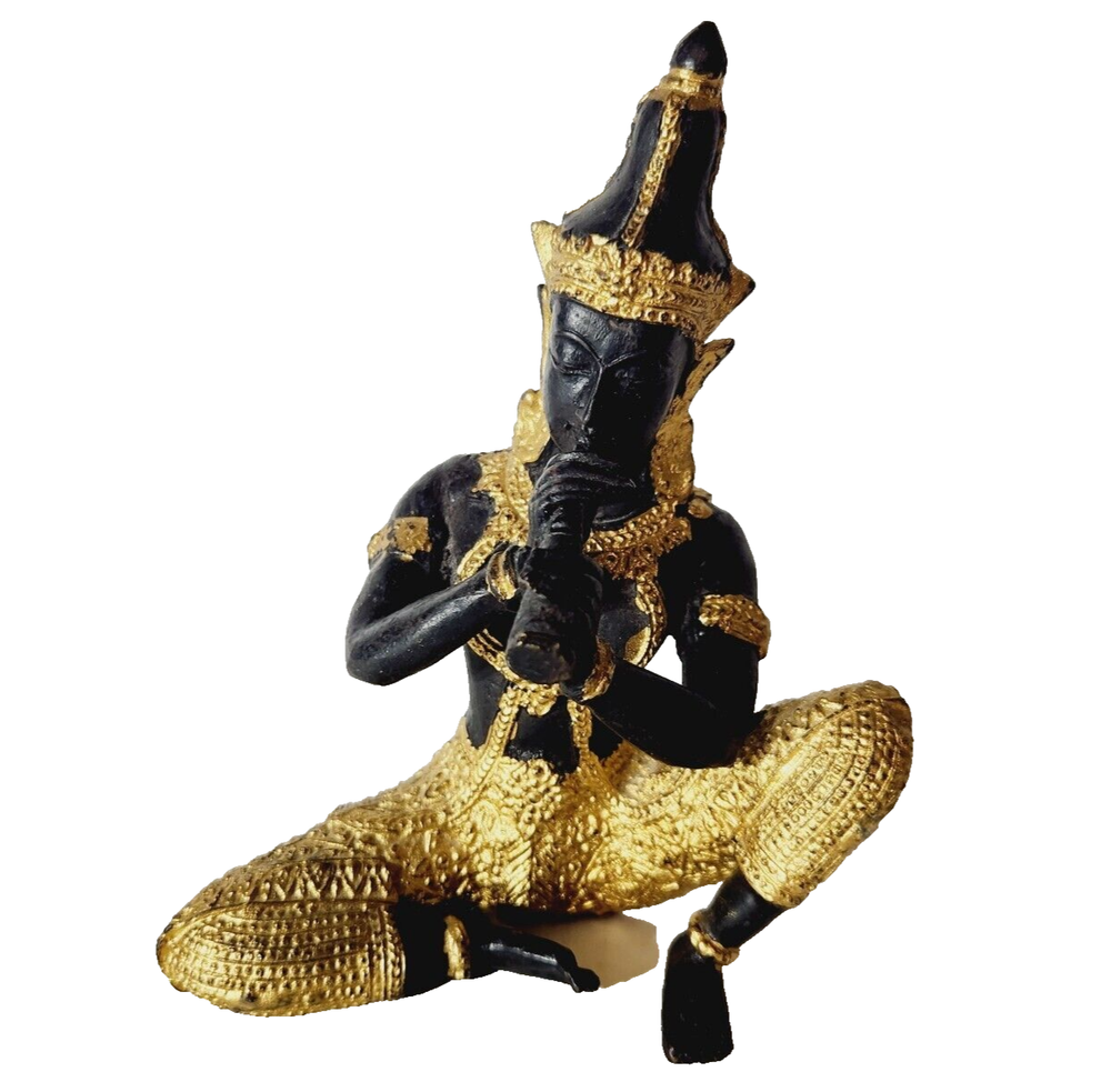Asian Thai Prince Figure Statue Decor Cast Bronze Musician Gilded Gold Buddhist