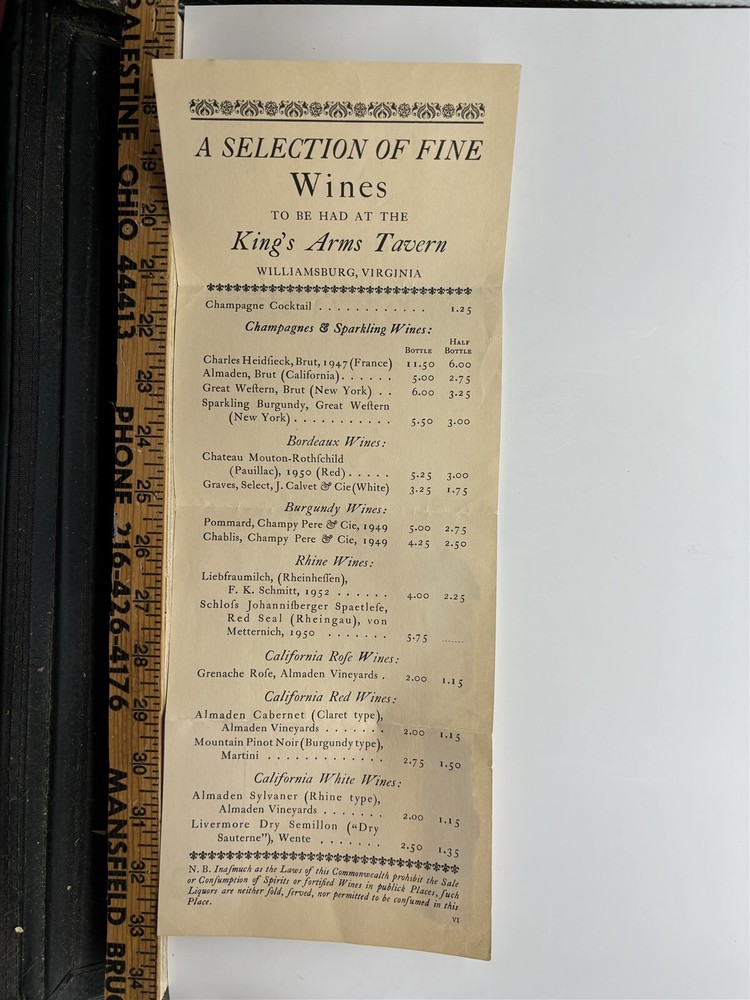 1960s ? King's Arms Tavern Williamsburg Virginia Wine Menu Vintage