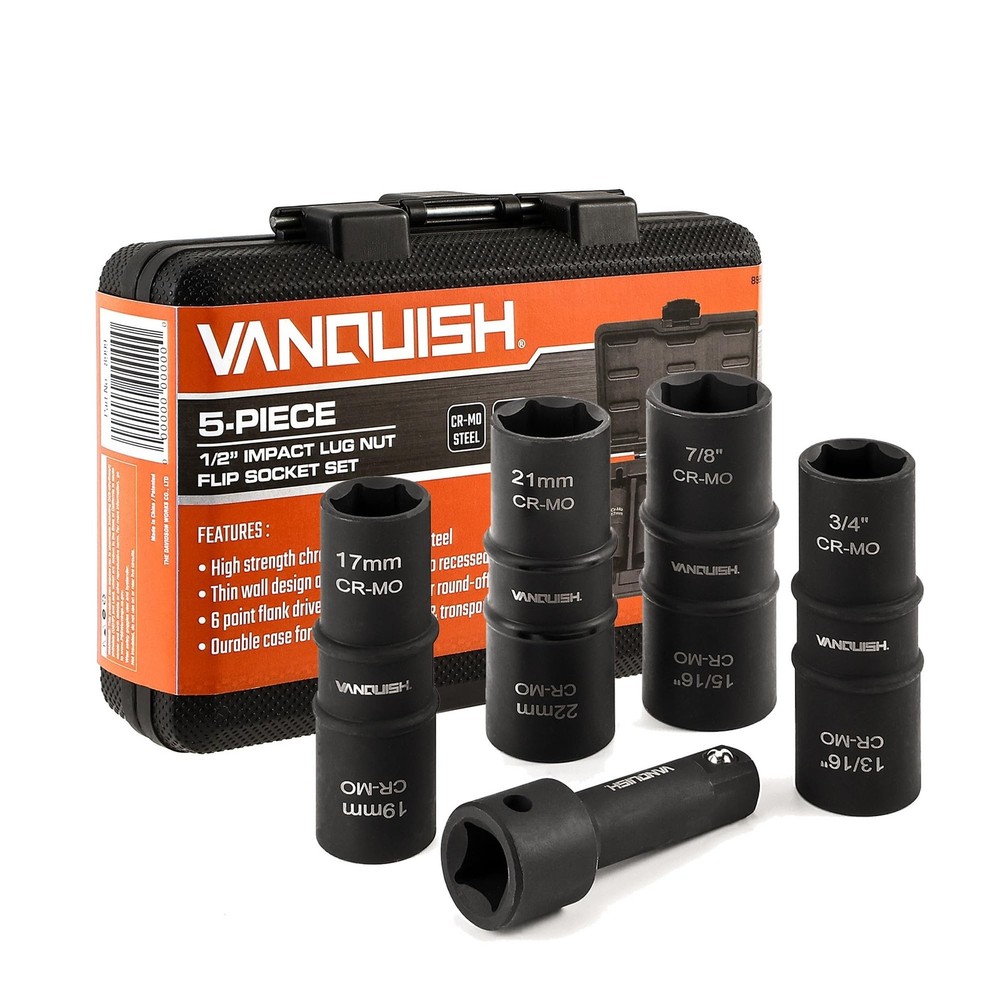VANQUISH Motor Tech Lug Nut Socket Set, 5pc 1/2 Drive Impact Flip Socket Set ...