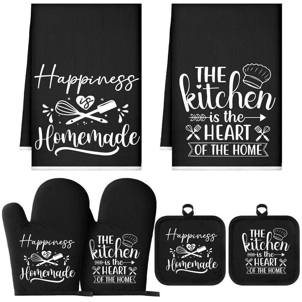 6 Pcs Kitchen Decor Accessories Set Farmhouse Towels Pot Holders Oven Mitts S...