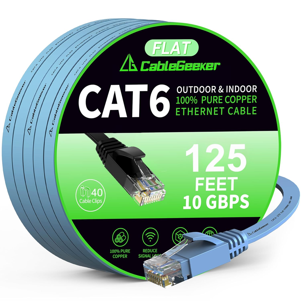 125ft Cat6 Ethernet Cable - Indoor/Outdoor 10Gbps High-Speed Flat Internet Network Cable