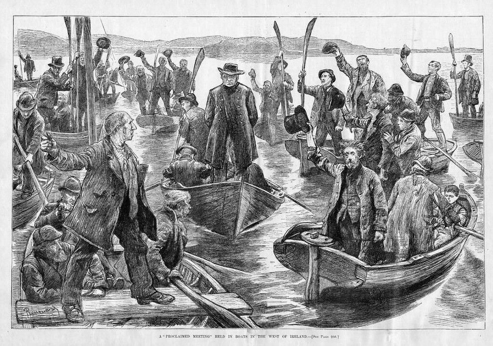IRELAND PROCLAIMED MEETING IN BOATS, ANTIQUE PRINT BOAT