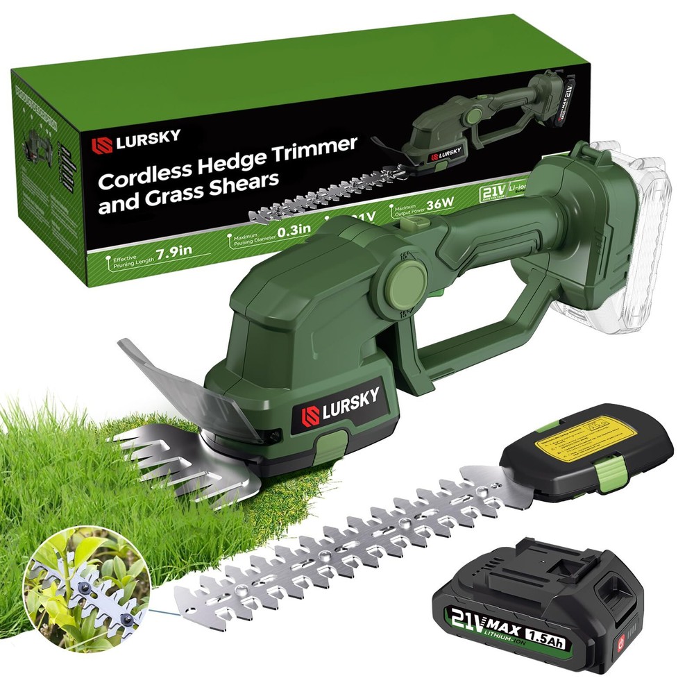 LURSKY Cordless Hedge Trimmer with Battery - 2-in-1 21V Grass Shears Handheld...
