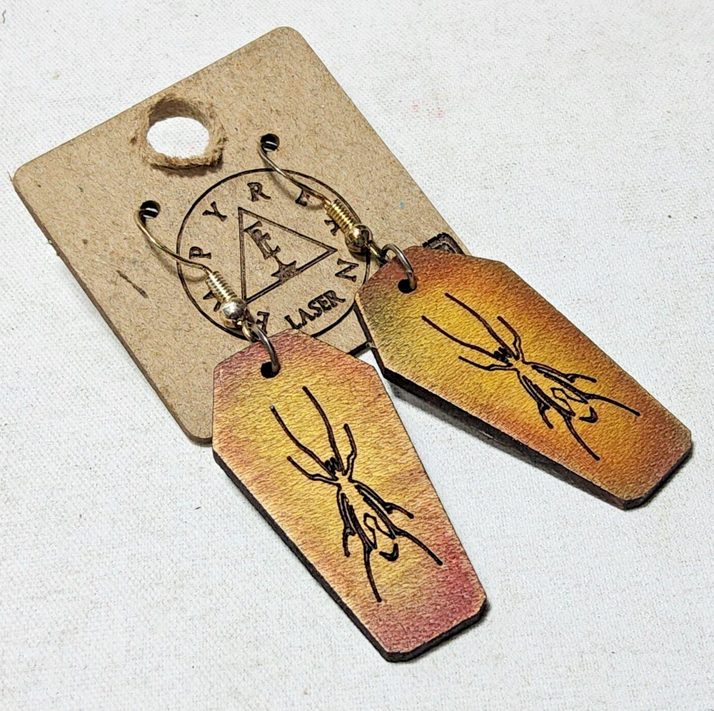 Laser engraved cut coffin spider earrings hallowen custom art horror fashion