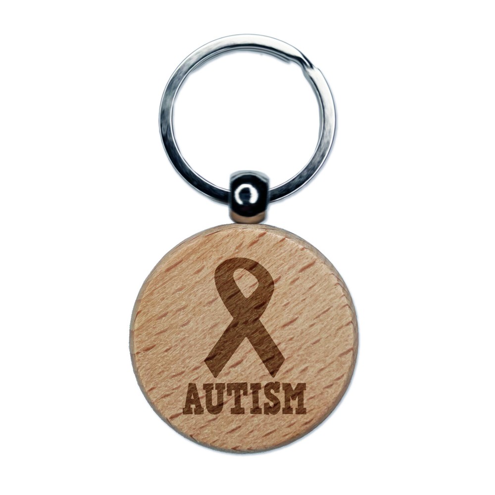 Autism with Awareness Ribbon Engraved Wood Round Keychain Tag Charm