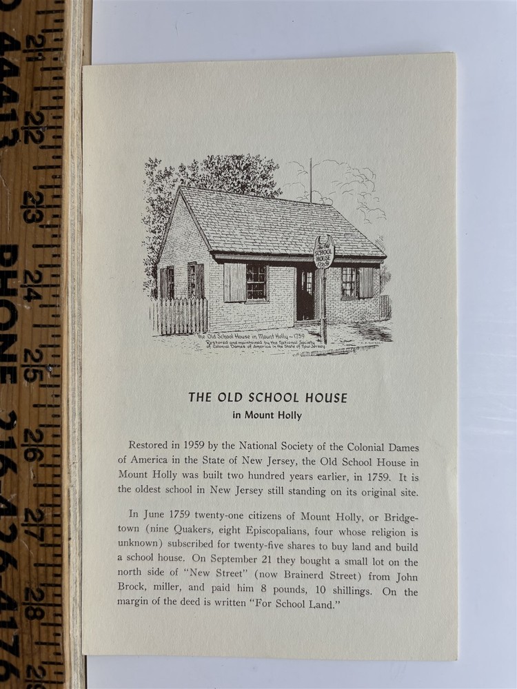 1960s Old School House Mount Holly NJ Vintage History Leaflet