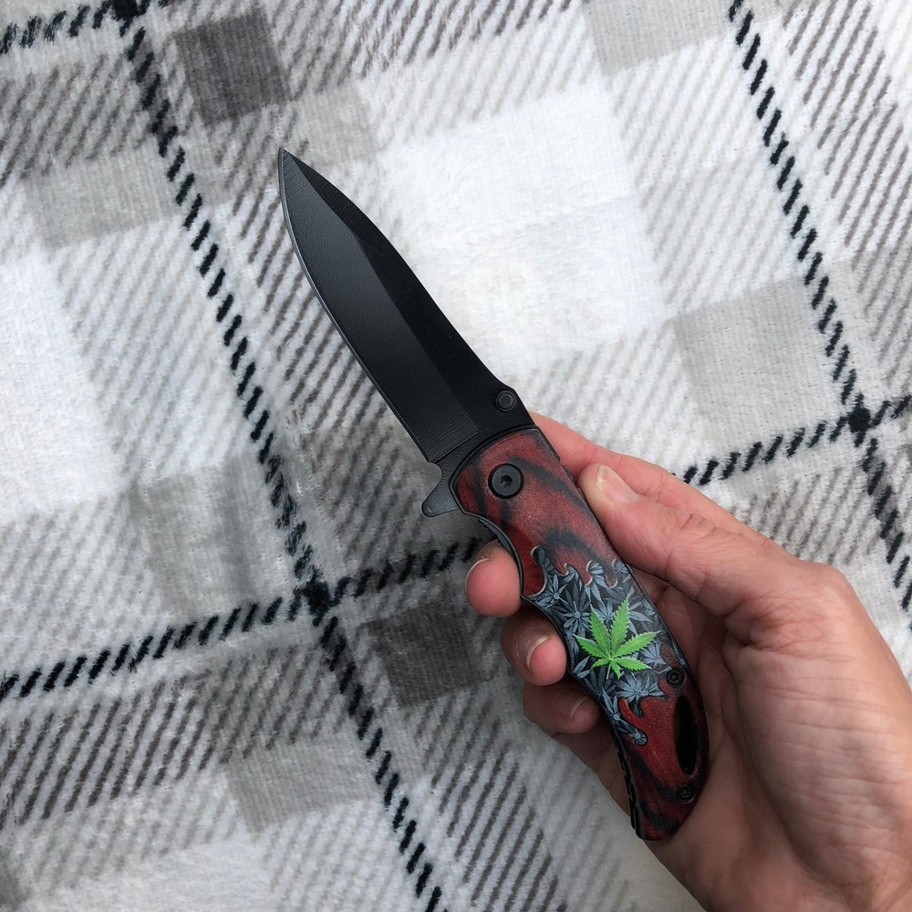 Spring Assisted Open Pocke Knife Green Rasta Drop Point Blade EDC Tactical