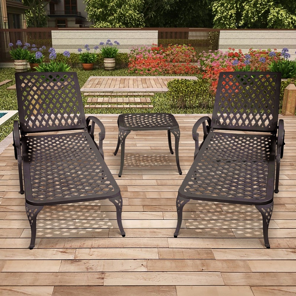 3-Piece Bronze Aluminum Reclining Outdoor Waterproof Chaise Lounge Set