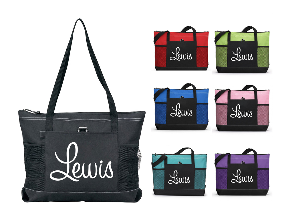CURSIVE NAME PERSONALIZED TOTE PURSE SPORTS GYM TRAVEL OVERNIGHT BEACH BAG ZIPS